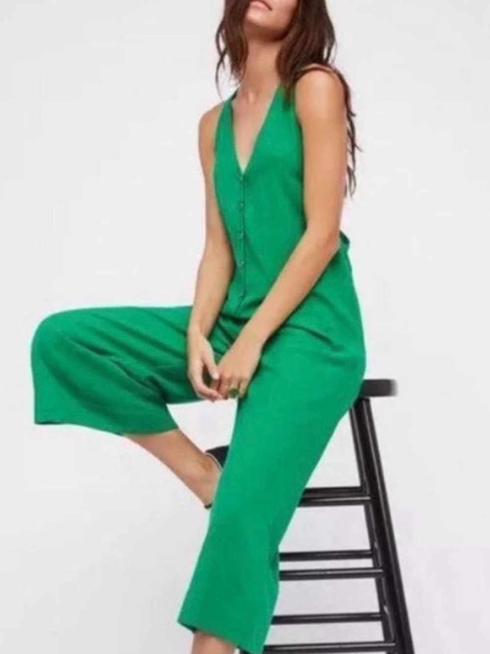 Free People on the Run Kelly Green Wide-Leg Jumpsuit